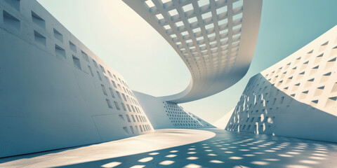 Abstract architectural background with flowing curves and geometric patterns in bright light