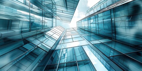 Obraz premium Abstract view of modern glass architecture reaching toward the sky on a clear day