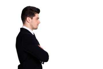 Profile side view photo of glad calm entrepreneur formal wear black jackets feel dream dreamy content  investor independent  masculine isolated on grey background