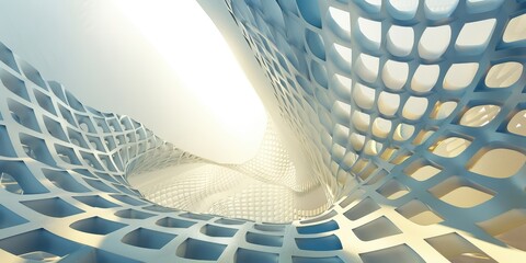 Dynamic abstract architecture with intricate mesh patterns in a modern design environment