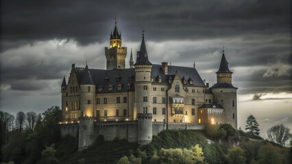 Fototapeta premium A majestic castle stands tall against a stormy sky, its windows glowing with warm light.