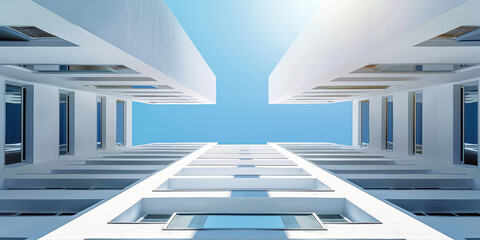 Obraz premium Bright blue sky viewed from between modern architectural buildings showcasing sleek lines and minimalist design