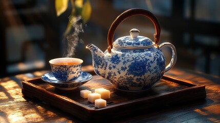 Steaming chinese teapot and cup on wooden tray with sugar cubes