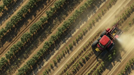 Tractor cultivating rows of crops in a vineyard during the daytime
