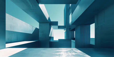 Abstract architectural space in a blue-toned urban environment
