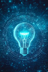 A lightbulb icon surrounded by circular frame on a blue digital background , concept of innovative technology 