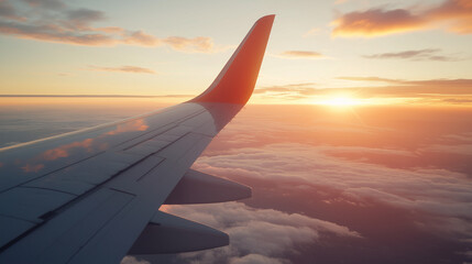 Obraz premium Plane wing on sunset view