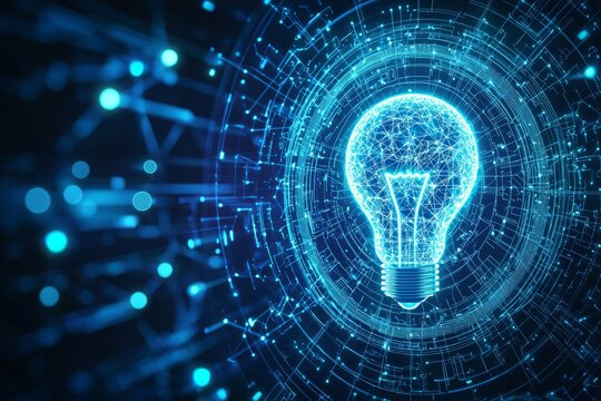 A lightbulb icon surrounded by circular frame on a blue digital background , concept of innovative technology 