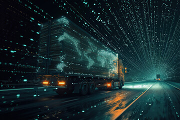 Futuristic advanced tech truck for logistics, featuring sleek, cutting-edge design elements and advanced technology, set against a modern, high-tech landscape. The image emphasizes innovation in trans