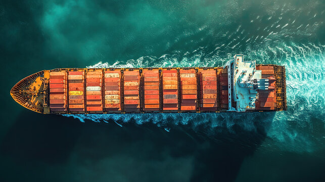 Aerial view of a cargo ship with containers, showcasing the vessel's deck filled with colorful containers arranged in a grid-like pattern. The image highlights the scale and organization of maritime l