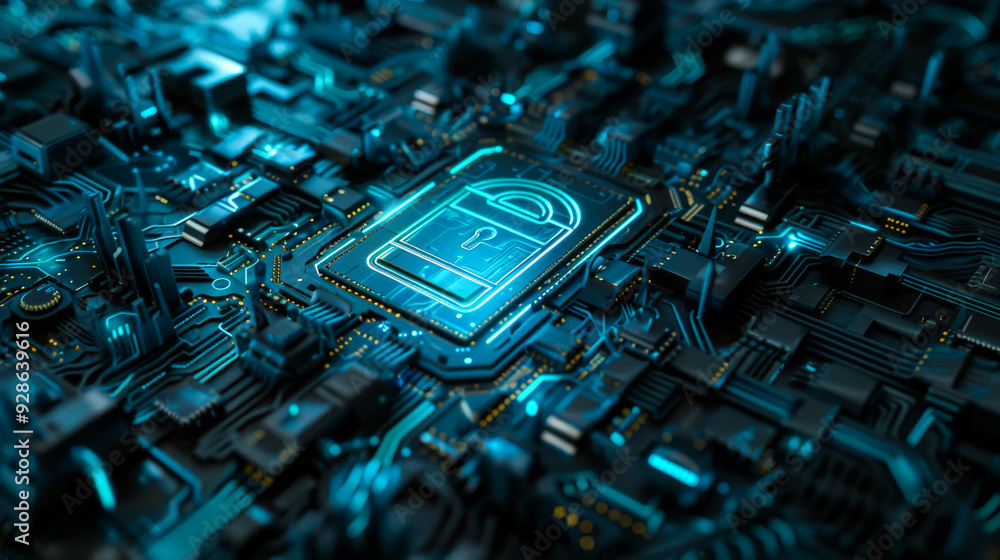 Poster close-up of a technology chip with a picture of a lock on it in light blue light. concept of technol