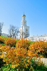 Veliky Novgorod Russia. The bell tower of Yuriev Monastery in Veliky Novgorod, Russia