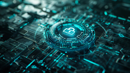 Close-up of a technology chip with a picture of a lock on it in light blue light. Concept of technology, protection.