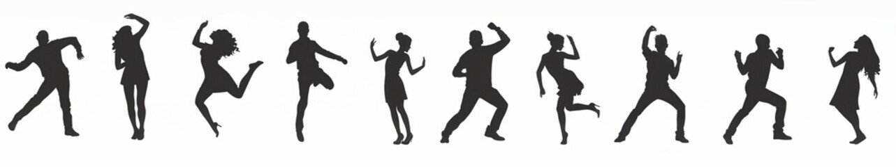 Silhouettes of dancing figures in varying poses against a white background