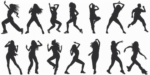 Set of dancing silhouettes in various poses on a white background