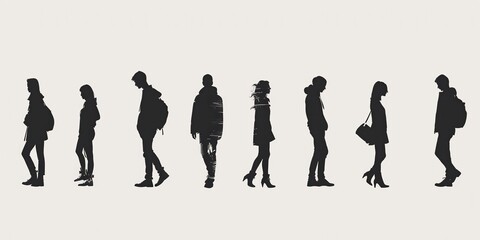 Obraz premium Silhouettes of diverse people walking in various poses against a light background