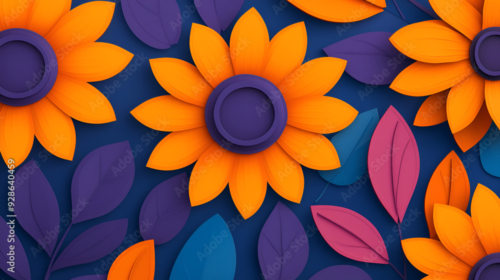 Wall mural vibrant paper flowers and leaves - perfect for spring and summer designs