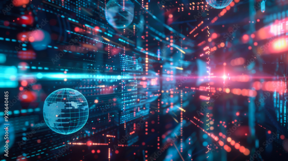 Poster computer screen with red, blue and green background and a large blue sphere. the sphere is surrounde