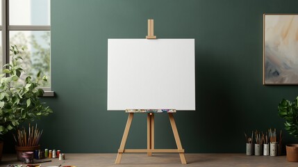 A minimalist art studio with a blank canvas on an easel, paintbrushes, and paint tubes. Ideal for creating a modern, clean aesthetic or showcasing your creative process.