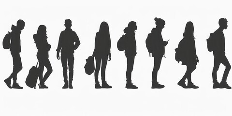 Collection of unrecognizable silhouettes of people standing in various poses with backpacks