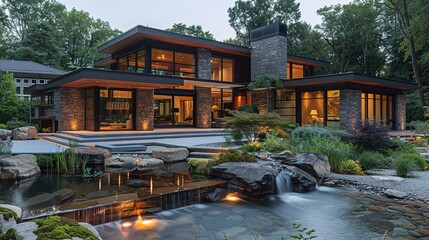 Modern home with stone exterior and a tranquil waterfall in the garden.