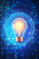 A lightbulb icon surrounded by circular frame on a blue digital background , concept of innovative technology 