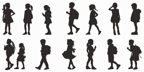 Silhouettes of schoolchildren walking with backpacks during the school day