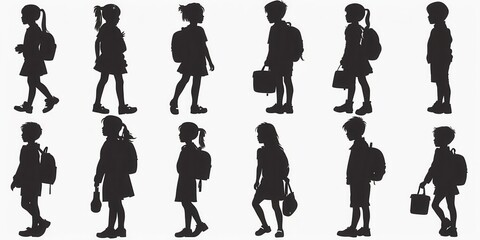 Set of unrecognizable silhouettes of schoolchildren walking with backpacks