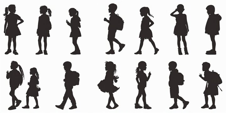 Silhouettes of schoolchildren walking with backpacks during the school day - Powered by Adobe