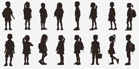 Set of unrecognizable silhouettes of schoolchildren in various poses