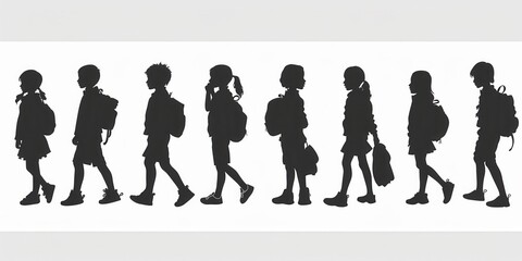 Silhouettes of schoolchildren walking in a line during school hours