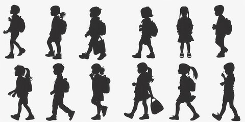Silhouettes of schoolchildren walking with backpacks