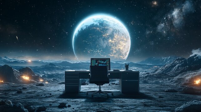 Office desk on the moon with earth in the background