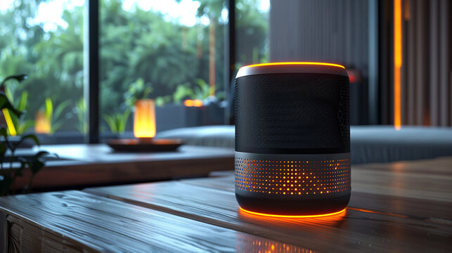 Smart speaker on table, voice control, device, smart assistant for home.