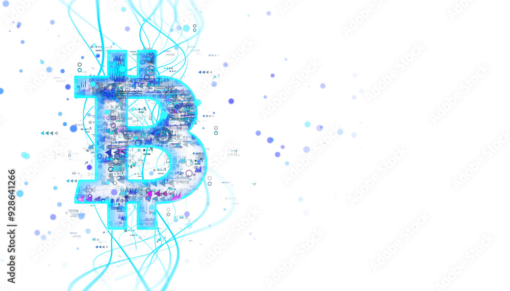 Poster Glowing Bitcoin symbol with digital elements and lines on a white background. Concept of cryptocurrency and digital currency. 3D Rendering