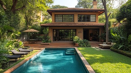 Fototapeta premium outdoors in the backyard garden with a swimming pool house