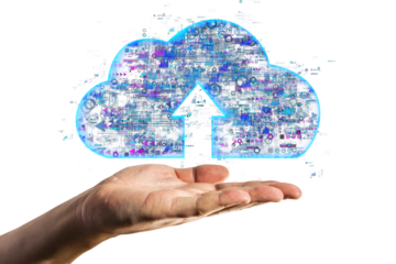 Hand holding holographic cloud symbol with data upload sign. White background. Concept of cloud computing and data storage