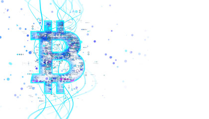 Glowing Bitcoin symbol with digital elements and lines on a white background. Concept of cryptocurrency and digital currency. 3D Rendering