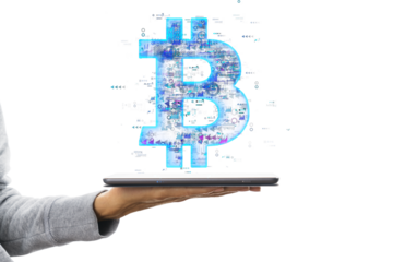 A holographic Bitcoin symbol floating above a tablet held by a person's hand on a white background, symbolizing digital currency and technology concepts