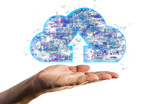 Hand holding holographic cloud symbol with data upload sign. White background. Concept of cloud computing and data storage