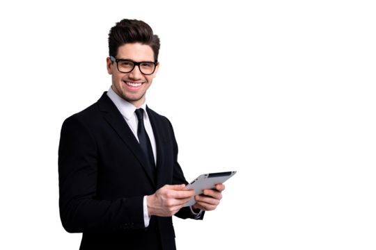 Portrait of his he nice imposing elegant classy attractive cheerful cheery positive guy reading new digital ebook surfing necktie white collar isolated over light gray background
