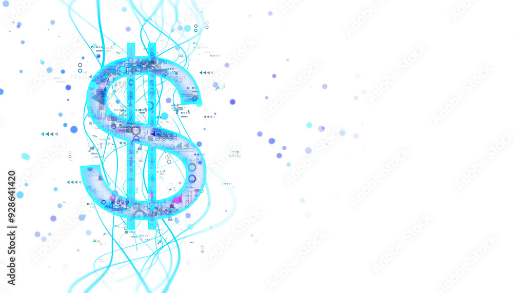 Fototapete digital hologram of a dollar sign with blue lines and data points on a white background. concept of 