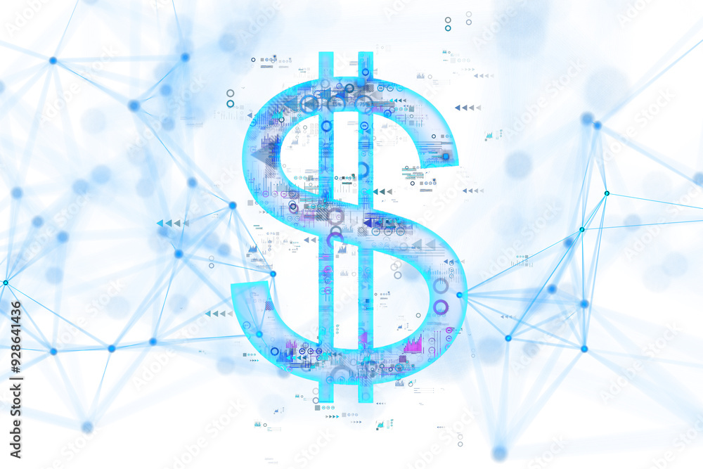 Poster Glowing dollar sign icon with digital data and graphs. White background with network lines. Concept of digital finance and technology. 3D Rendering