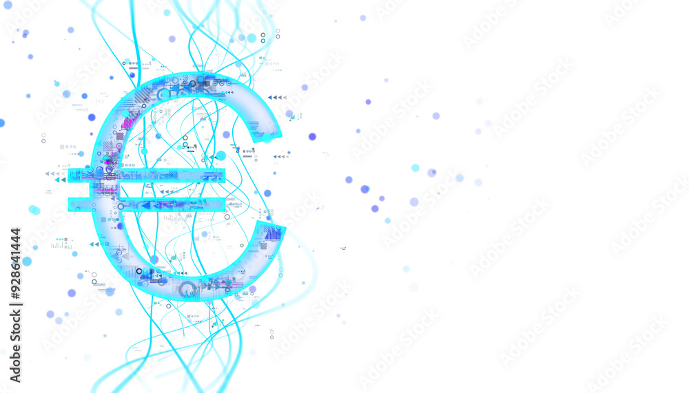 Poster A glowing Euro symbol with digital graphics and abstract lines on a white background. Concept of digital currency and cyber finance. 3D Rendering