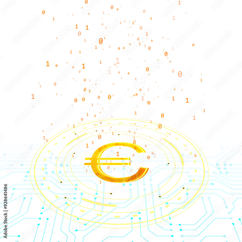 Aufkleber Digital Euro symbol surrounded by binary code on a white background, representing modern virtual currency and data flow concept. 3D Rendering