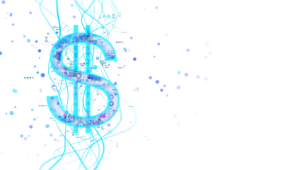 Digital hologram of a dollar sign with blue lines and data points on a white background. Concept of virtual financial transactions. 3D Rendering