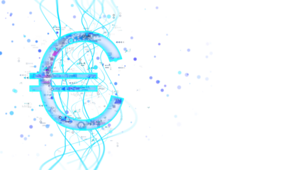 A glowing Euro symbol with digital graphics and abstract lines on a white background. Concept of digital currency and cyber finance. 3D Rendering