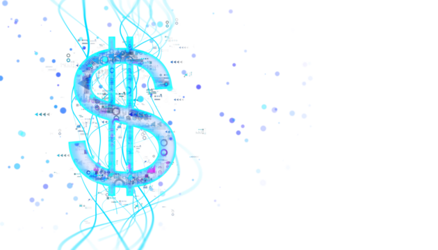Digital hologram of a dollar sign with blue lines and data points on a white background. Concept of virtual financial transactions. 3D Rendering