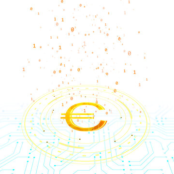 Digital Euro symbol surrounded by binary code on a white background, representing modern virtual currency and data flow concept. 3D Rendering