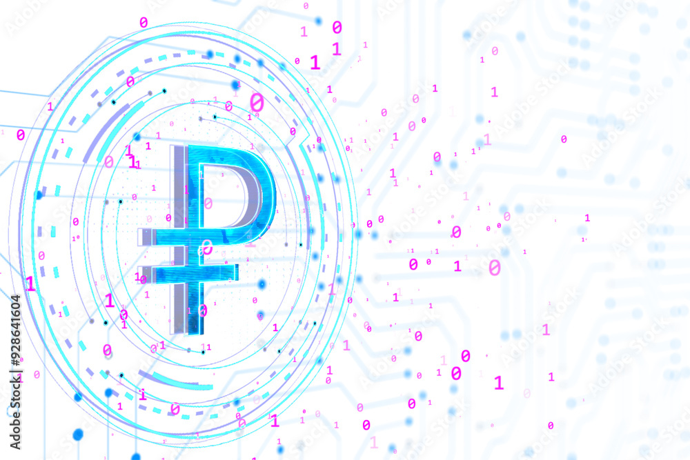 Poster digital ruble symbol with neon blue lines and binary code on white background. modern cyber currency